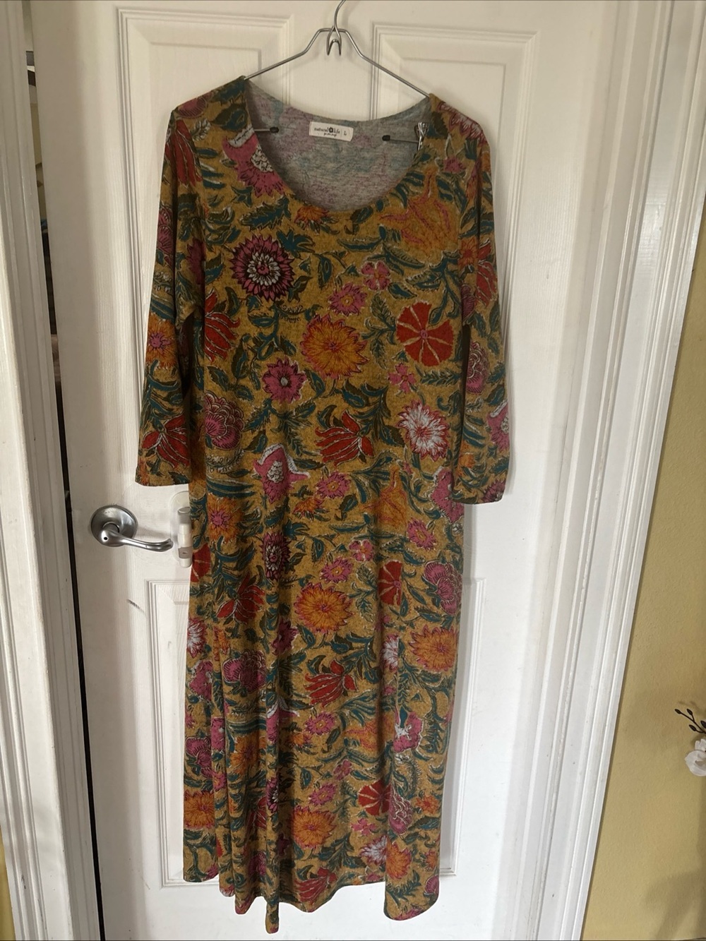 NATURAL LIFE Mustard Floral Maxi Dress with Pink & Teal Accents Pockets Fall